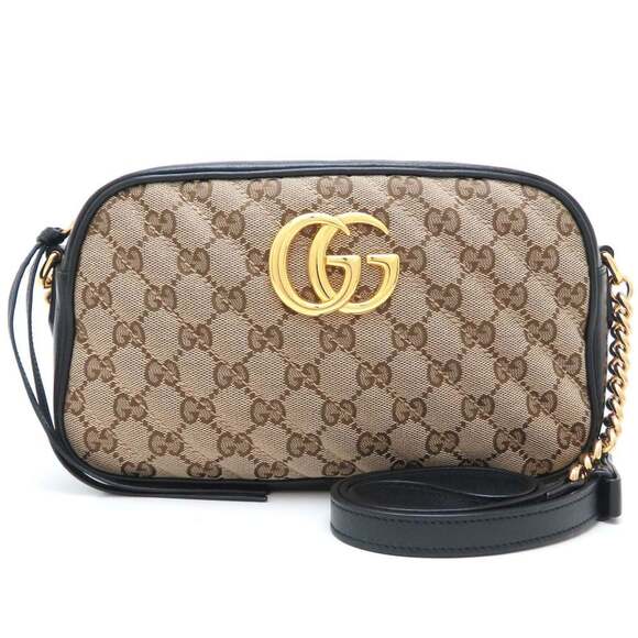 GUCCI GG Marmont 447632 Shoulder Bag in Canvas and Leather Beige Black Wome...